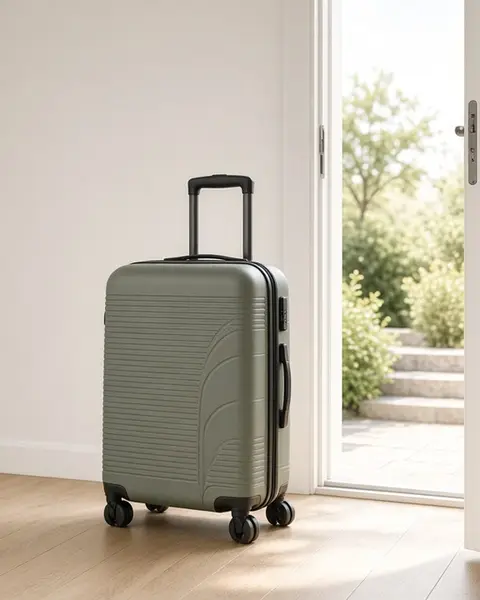 A packed carry-on with a luggage tag by an open door