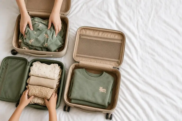 Two small suitcases and one large suitcase open on a bed while an adult and a child pack