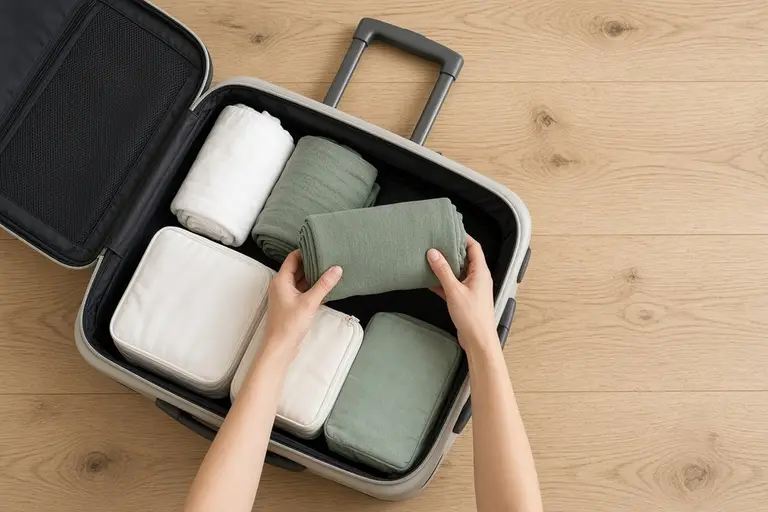 Rolled clothes being packed into an open carry-on, seen from above