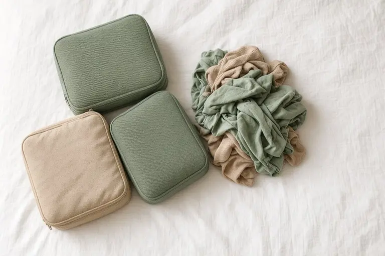 Three filled packing cubes lined up next to a pile of loose clothes