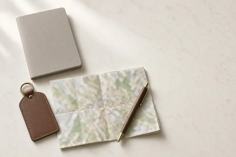 Passport, luggage tag, folded map and pen on a pale table
