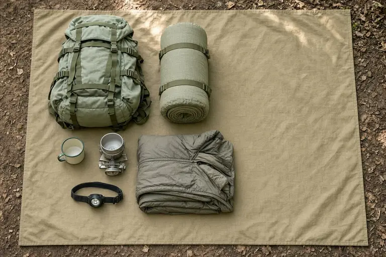 Camping kit laid out neatly on a groundsheet, seen from above