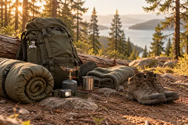 Backpack, sleeping bag, boots, stove and camp mug laid out on a forest floor at golden hour