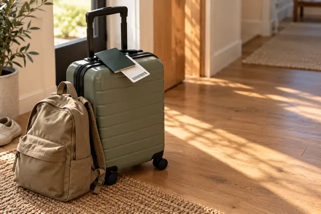 Sage carry-on suitcase and canvas backpack by the front door, passport on top