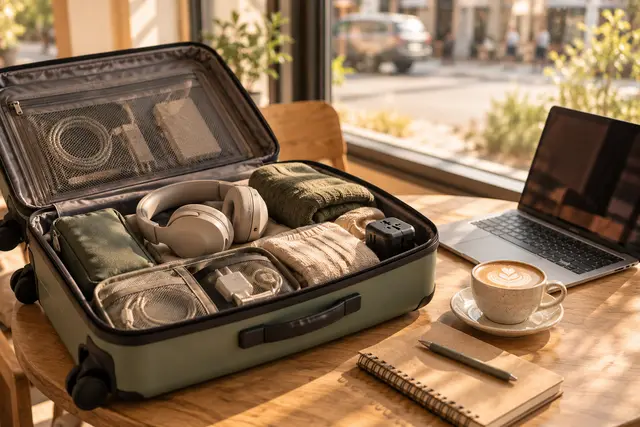 Open carry-on on a cafe table with headphones, travel adapter, laptop and a coffee