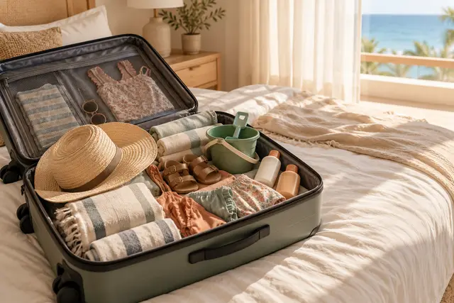 Open suitcase on a hotel bed packed with kids' swimsuits, sandals, sun hat and beach towels